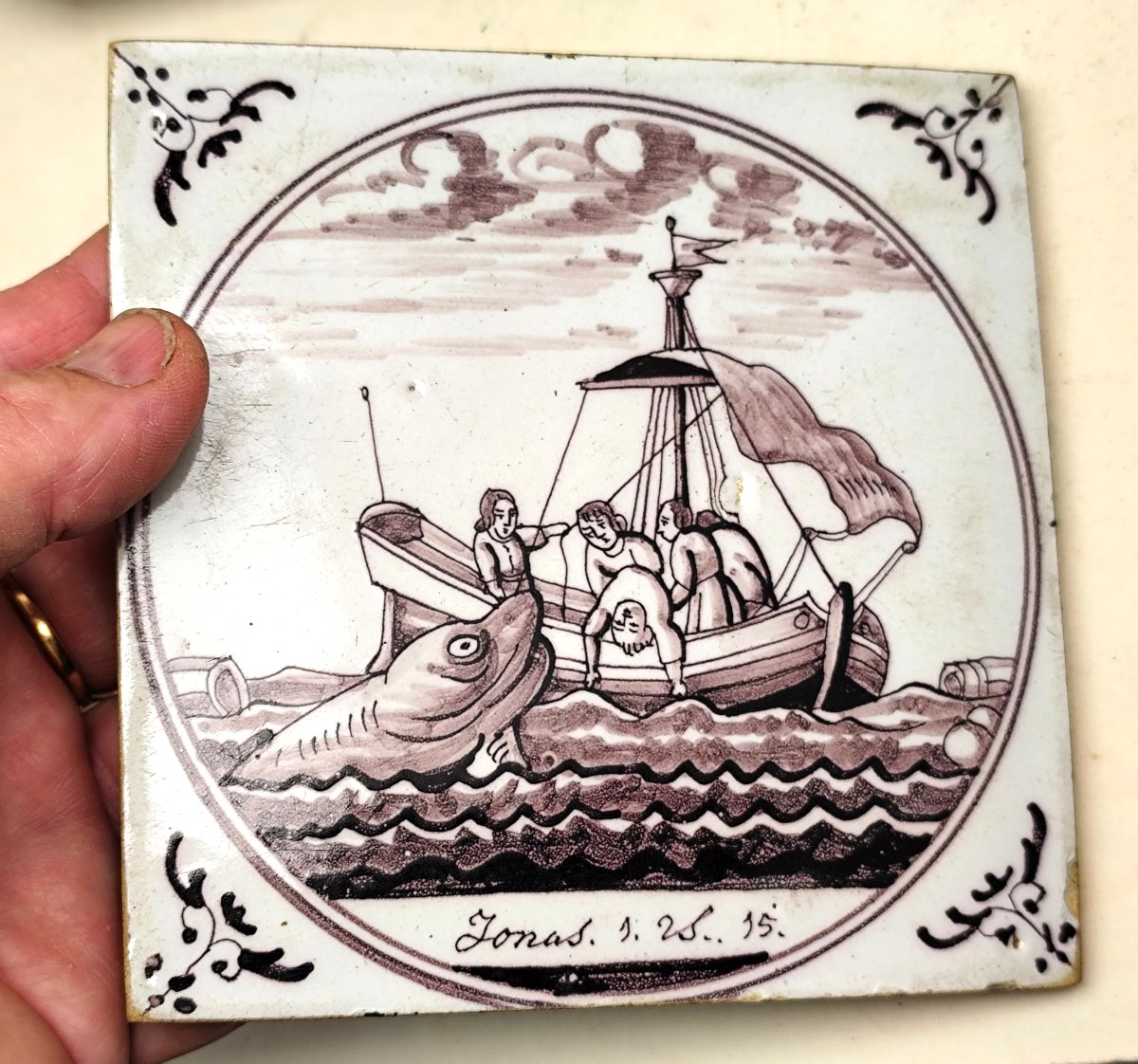 A Gem Among Delft Tiles! Jonah And The Whale, 18th-century Biblical Series-photo-3