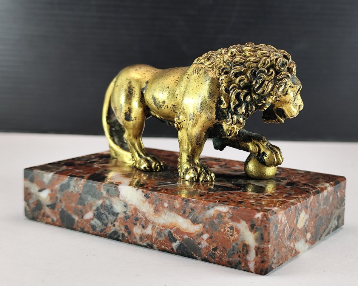 Mercury-gilded Bronze Lion On A Marble Pedestal, 19th Century-photo-3