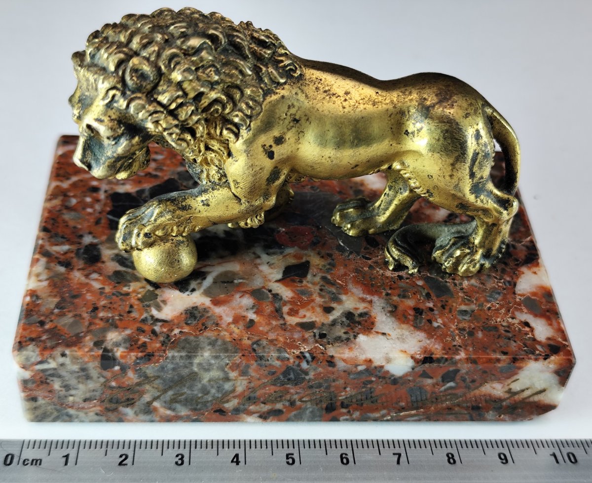 Mercury-gilded Bronze Lion On A Marble Pedestal, 19th Century-photo-2