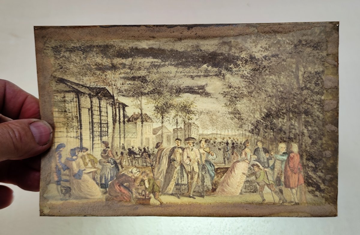 Miniature sur Parchemin, Promenade du soir dans un parc, Signée Aubert, XVIIIe siècle-photo-1