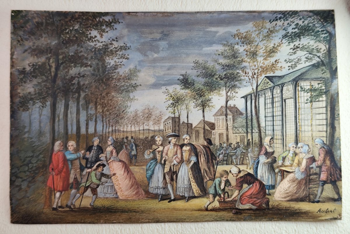 Miniature sur Parchemin, Promenade du soir dans un parc, Signée Aubert, XVIIIe siècle-photo-2