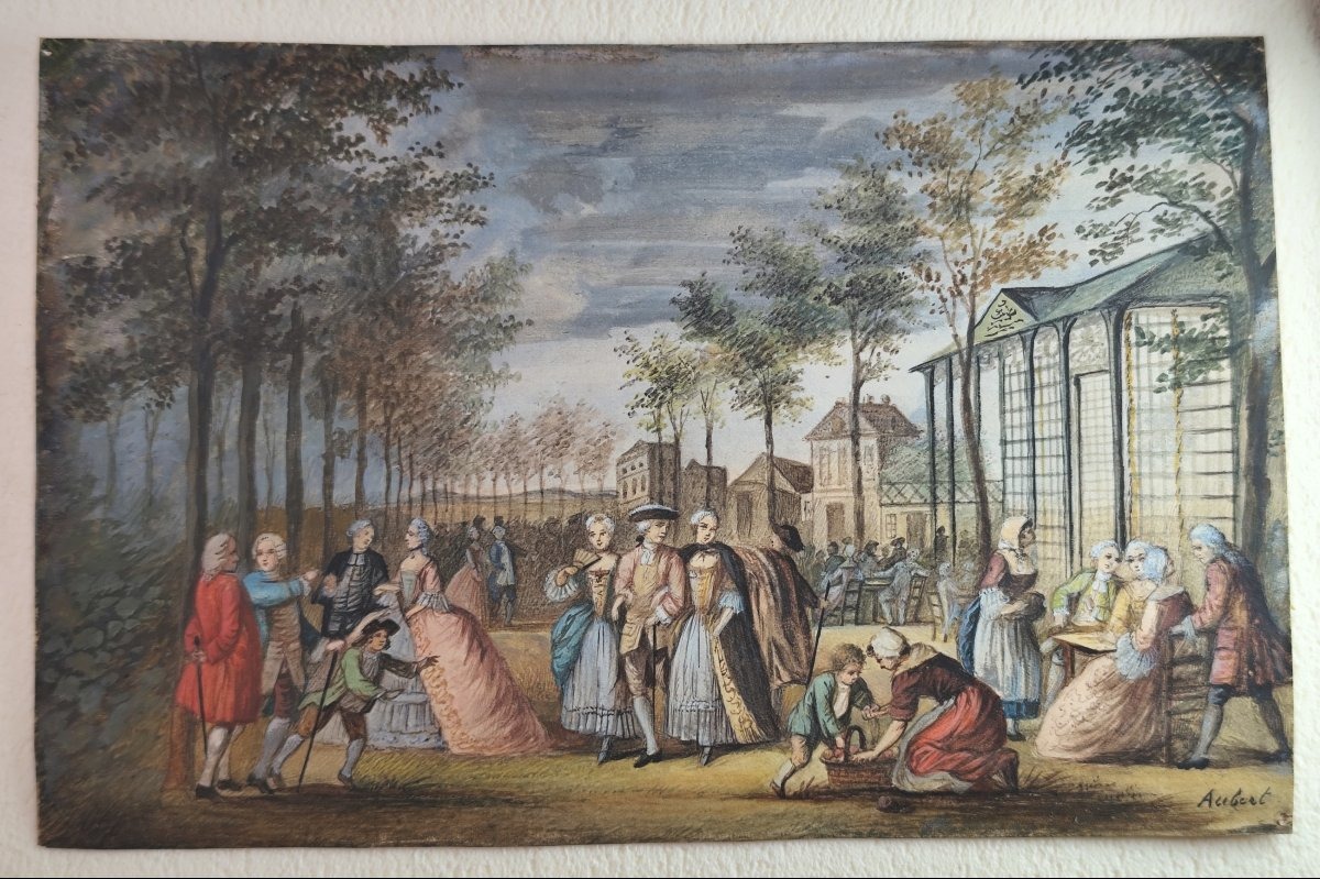 Miniature sur Parchemin, Promenade du soir dans un parc, Signée Aubert, XVIIIe siècle