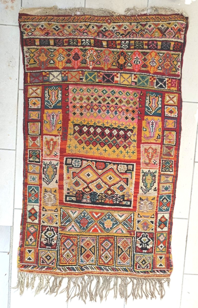 Portière-tapis ancien d’Anatolie, un Melas villageois aux puissantes couleurs-photo-3