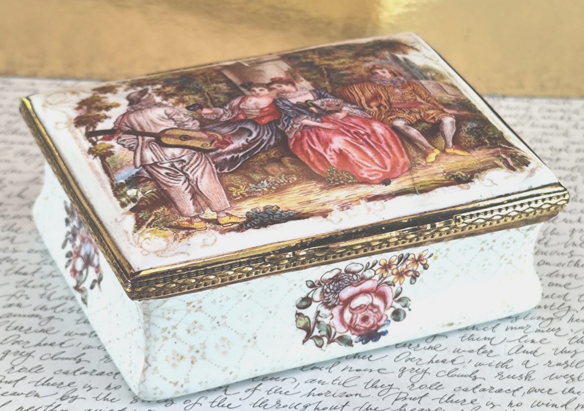 Tabatière émail de Saxe, style Louis XV, décor "à la Watteau", XIXe siècle-photo-2