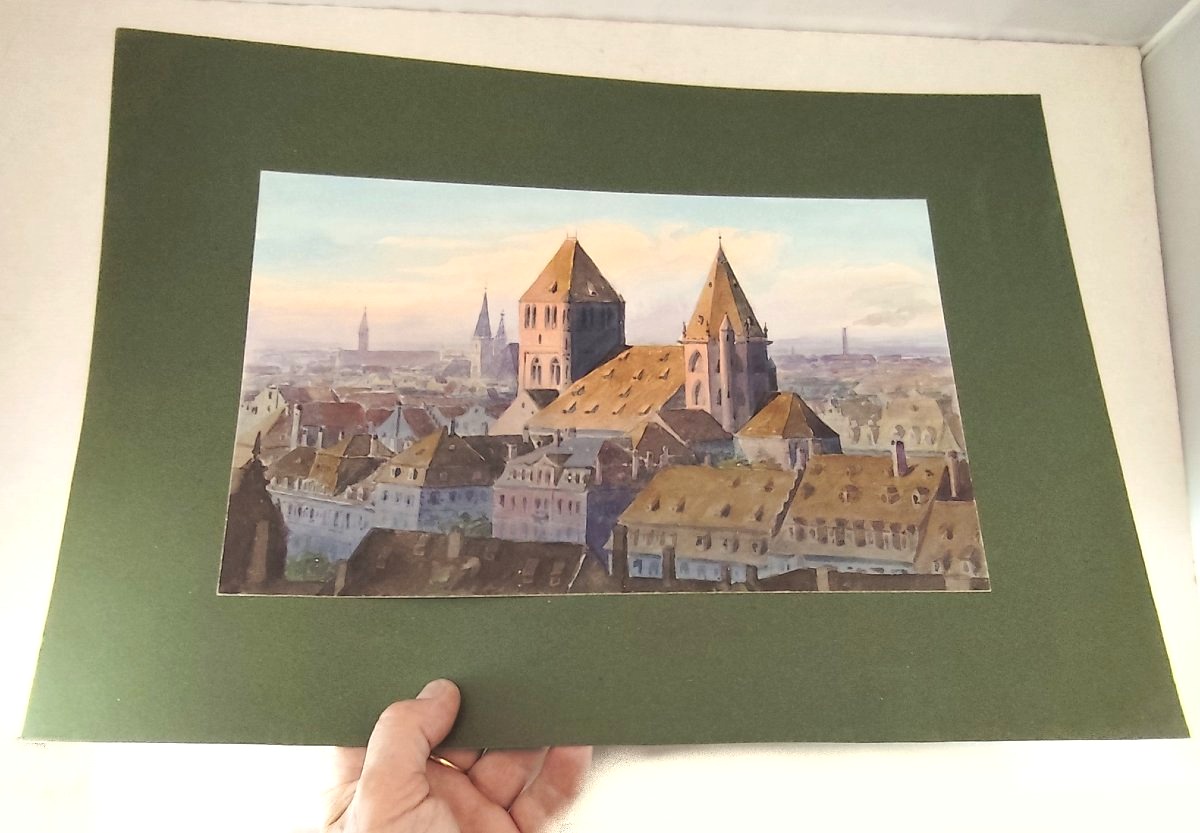 Fine Bird's-eye Watercolour Of Strasbourg, Saint Thomas District, Circa 1900-photo-2