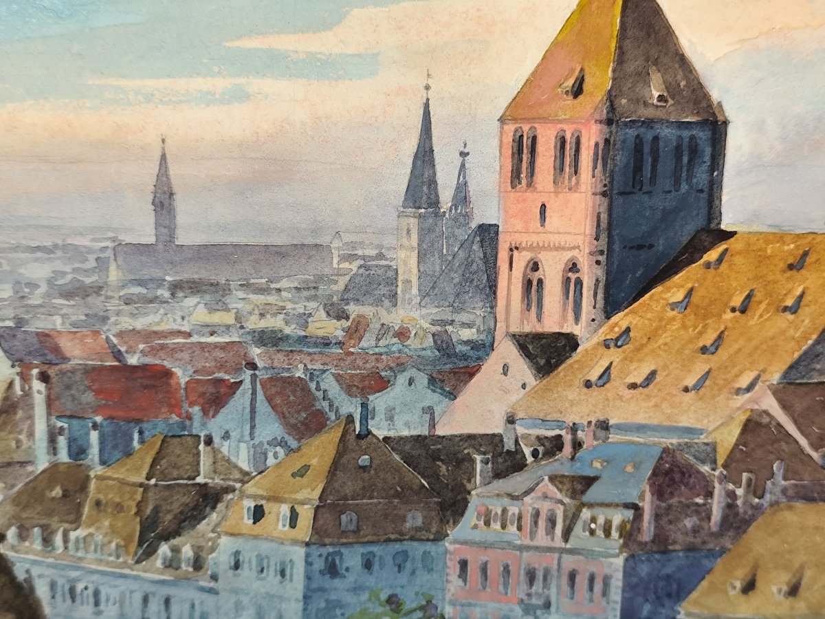Fine Bird's-eye Watercolour Of Strasbourg, Saint Thomas District, Circa 1900-photo-3