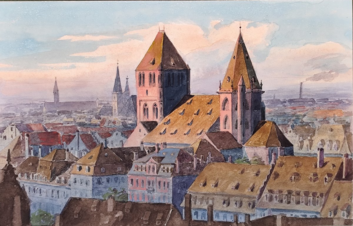 Fine Bird's-eye Watercolour Of Strasbourg, Saint Thomas District, Circa 1900