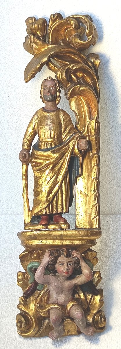 Charming Gilt And Polychrome Fragment Of A Baroque Altarpiece