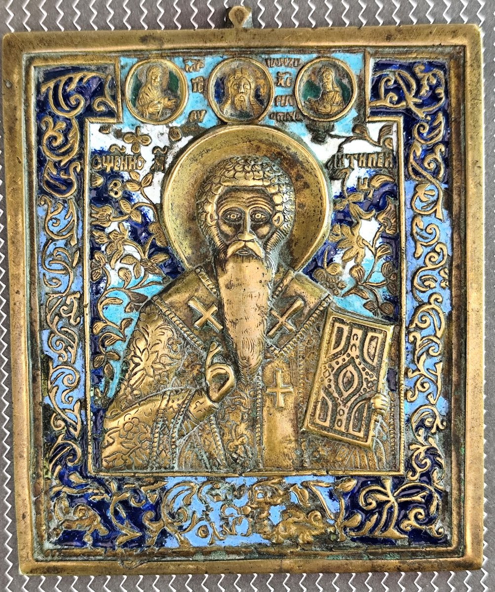 Fine Russian Enameled Bronze Icon Of St Antipas Of Pergamon, 19th Century-photo-2