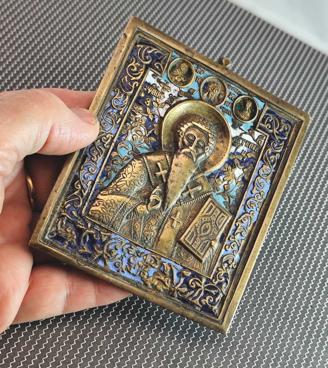 Fine Russian Enameled Bronze Icon Of St Antipas Of Pergamon, 19th Century-photo-3