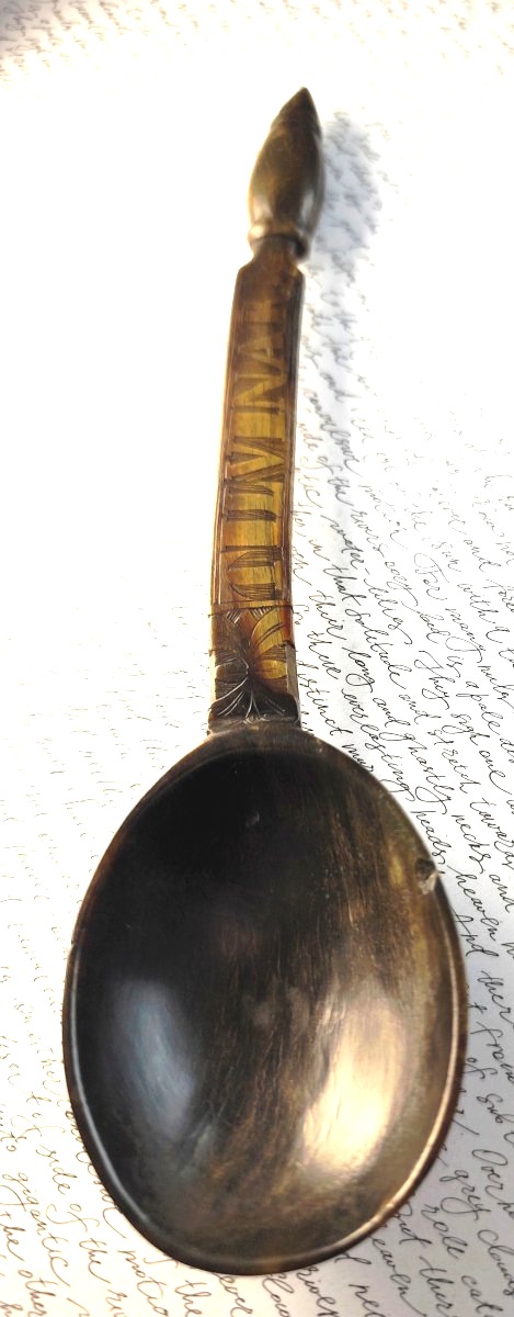 Cuiller de Mariage en corne, Gravée, XVIII-XIXe Alpes Autrichiennes ?