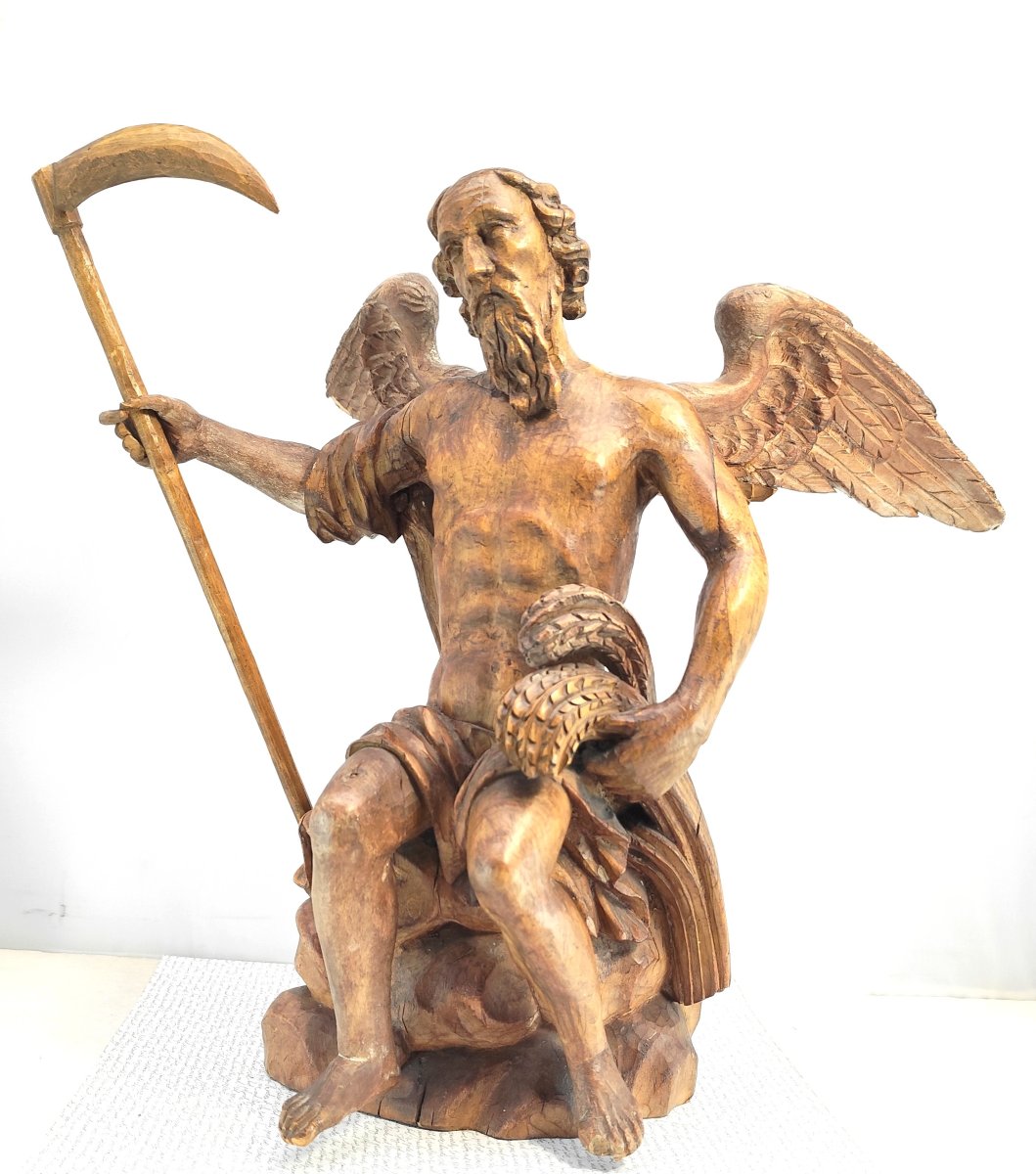 Chronos, Dieu du Temps, importante sculpture en bois fruitier, XVIIIe-XIXe siècle.-photo-1