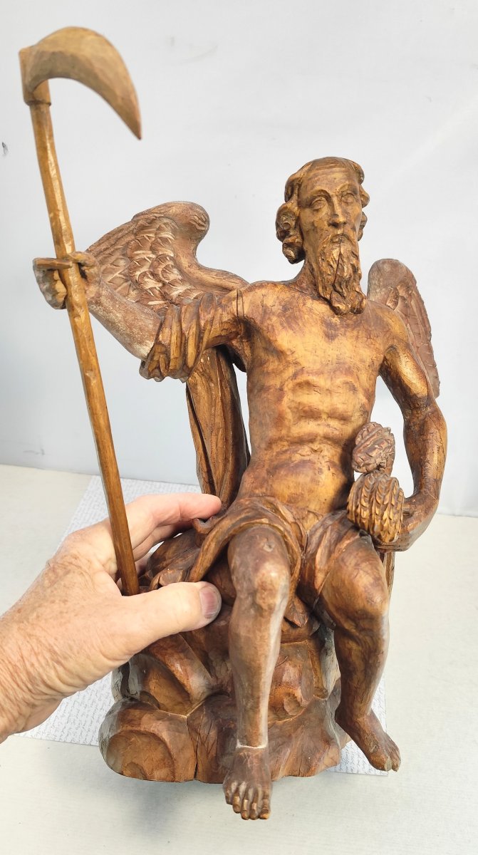Chronos, Dieu du Temps, importante sculpture en bois fruitier, XVIIIe-XIXe siècle.-photo-3
