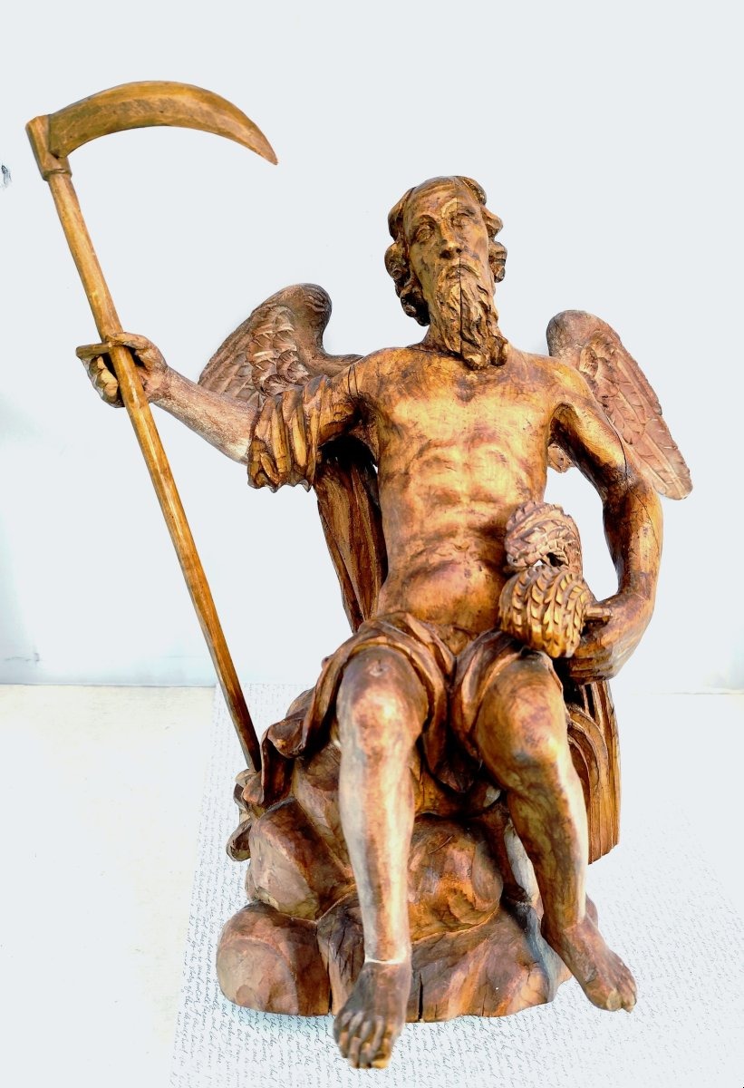 Chronos, Dieu du Temps, importante sculpture en bois fruitier, XVIIIe-XIXe siècle.