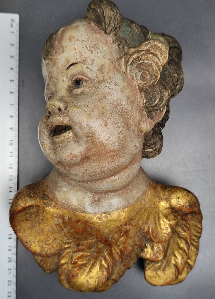 Angelot d’applique,  bois polychrome et doré, ép. baroque, XVIIIe-XIXe siècle-photo-2