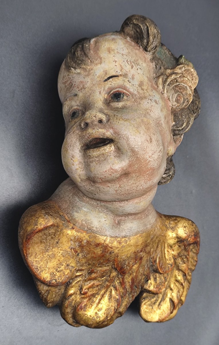 Angelot d’applique,  bois polychrome et doré, ép. baroque, XVIIIe-XIXe siècle