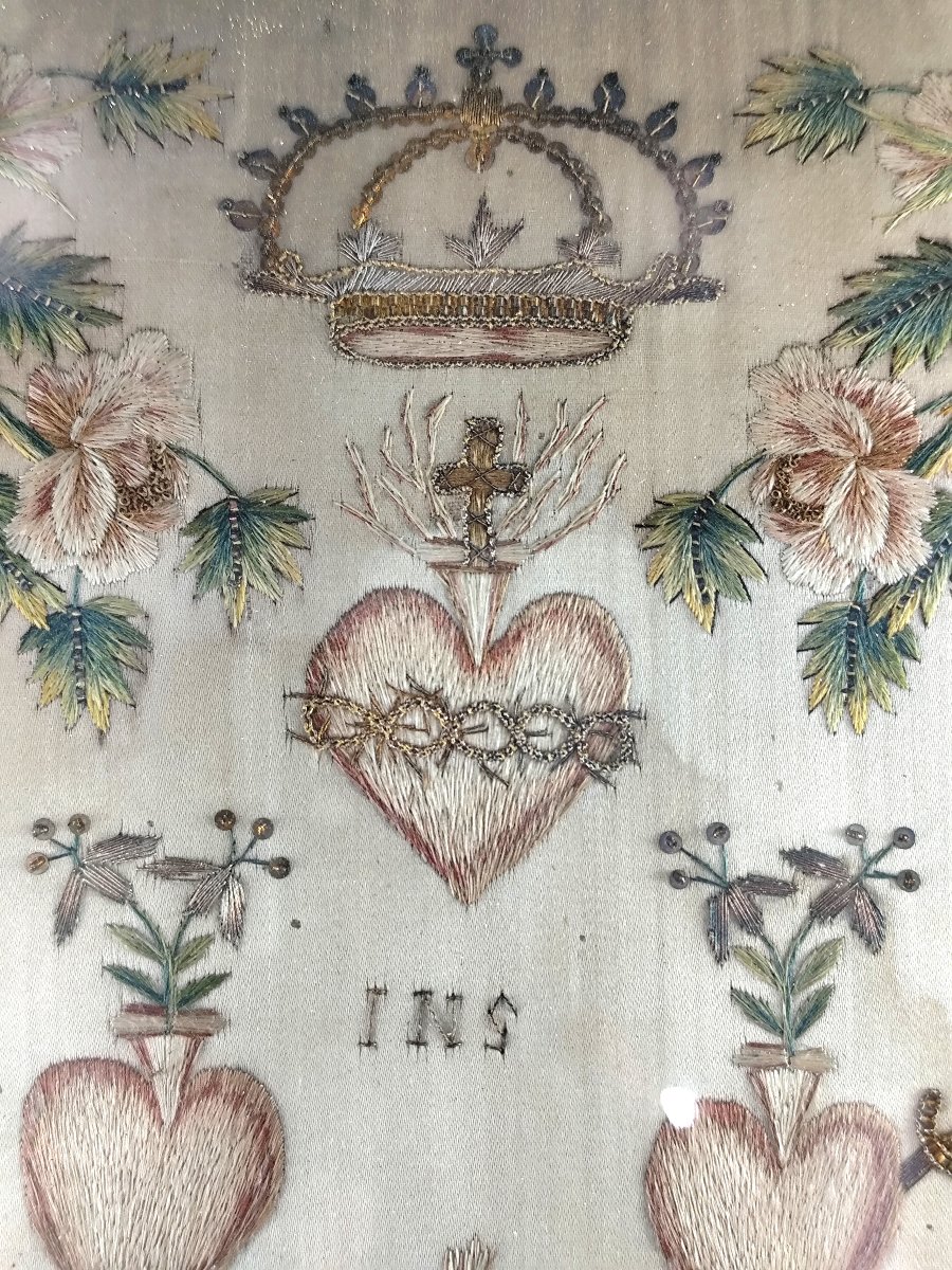 Broderie religieuse sur soie, fils d'or et d'argent, travail de couvent, XVIIIe siècle-photo-2