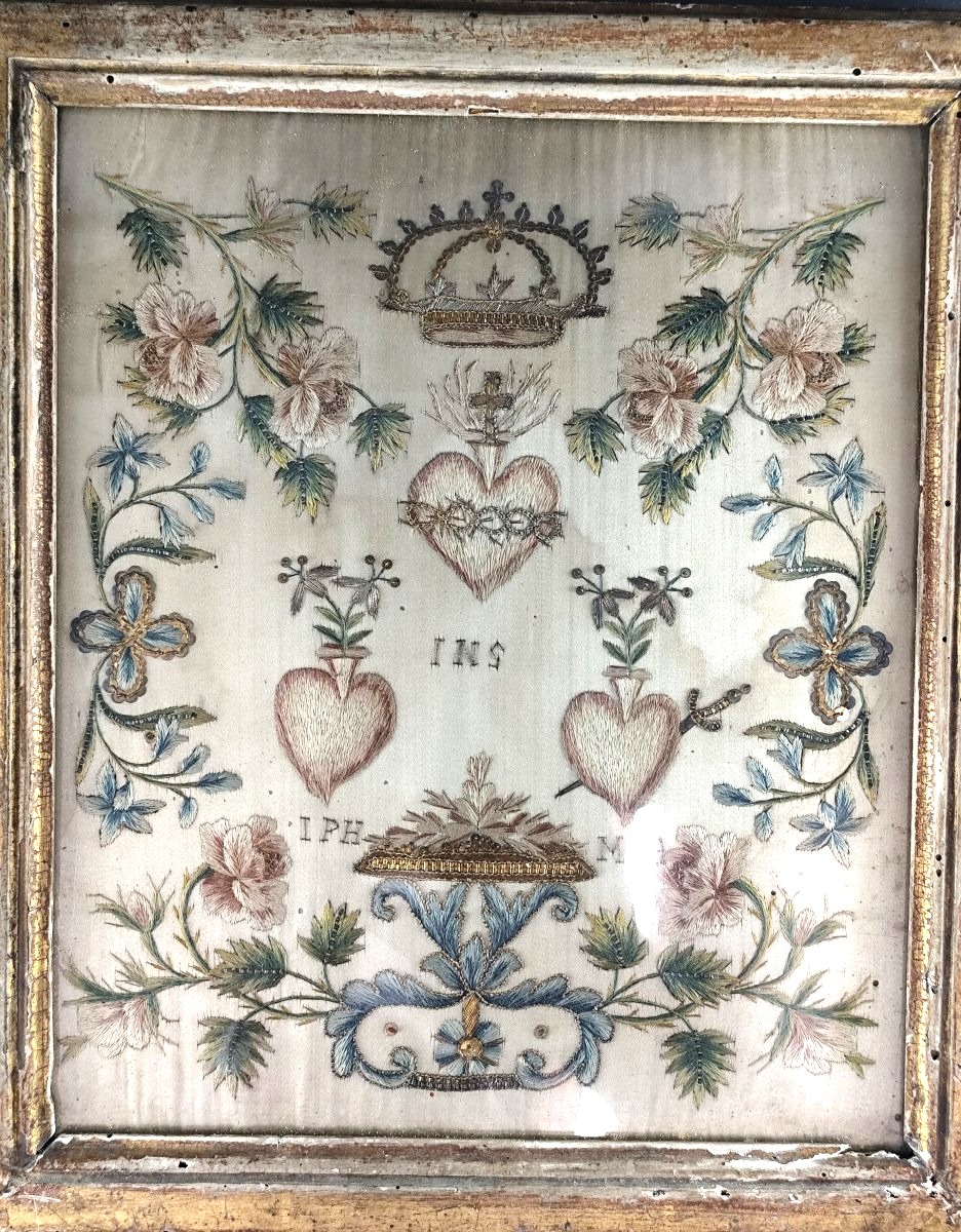 Broderie religieuse sur soie, fils d'or et d'argent, travail de couvent, XVIIIe siècle-photo-4