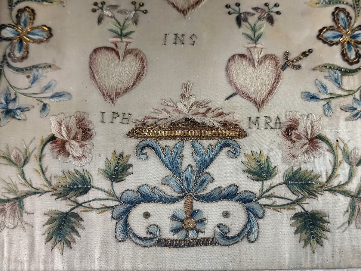 Broderie religieuse sur soie, fils d'or et d'argent, travail de couvent, XVIIIe siècle-photo-2