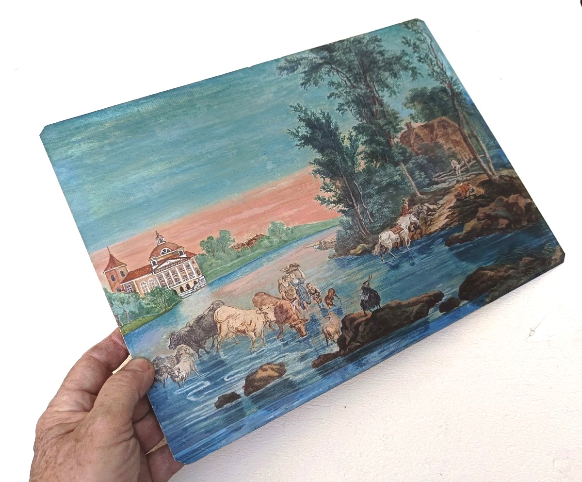Grande gouache, paysage de gué au couchant. Fin XVIIIe - XIXe siècle-photo-2