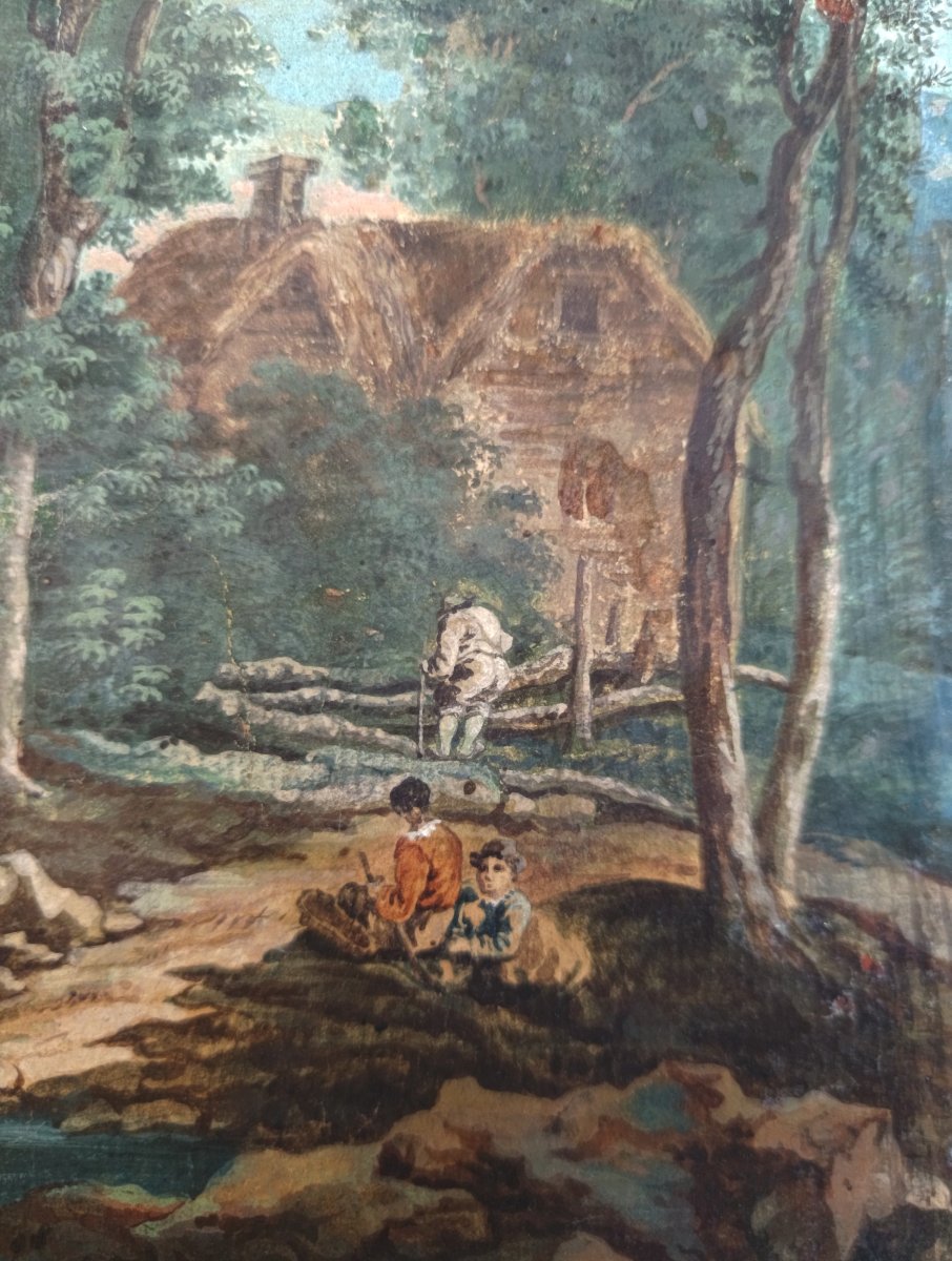 Grande gouache, paysage de gué au couchant. Fin XVIIIe - XIXe siècle-photo-4