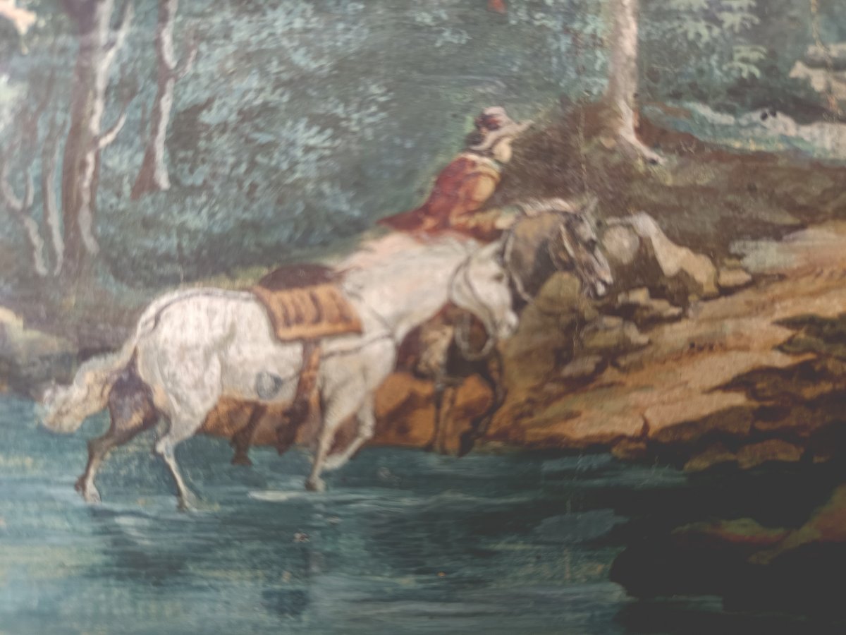 Grande gouache, paysage de gué au couchant. Fin XVIIIe - XIXe siècle-photo-1