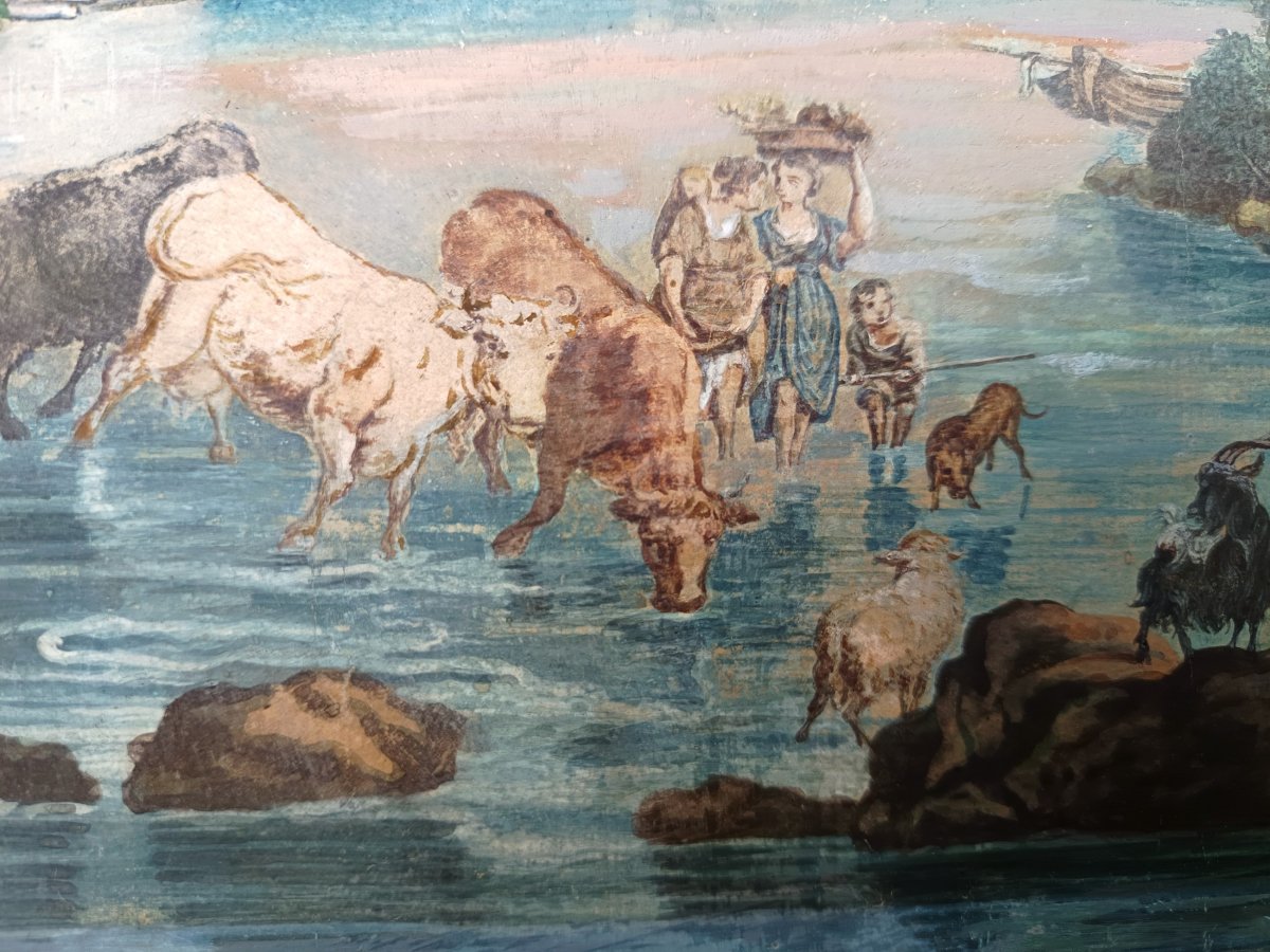 Grande gouache, paysage de gué au couchant. Fin XVIIIe - XIXe siècle-photo-2