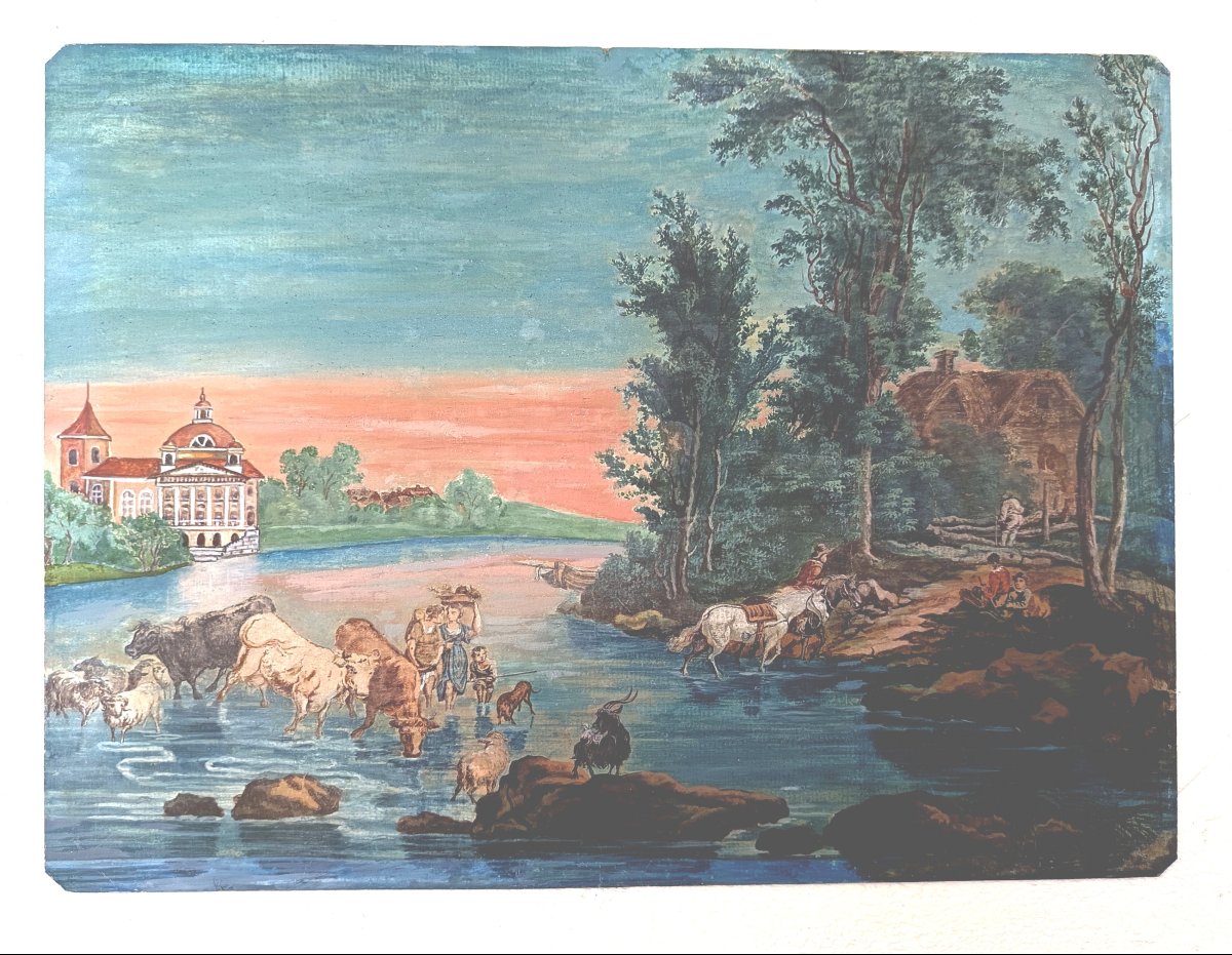 Grande gouache, paysage de gué au couchant. Fin XVIIIe - XIXe siècle