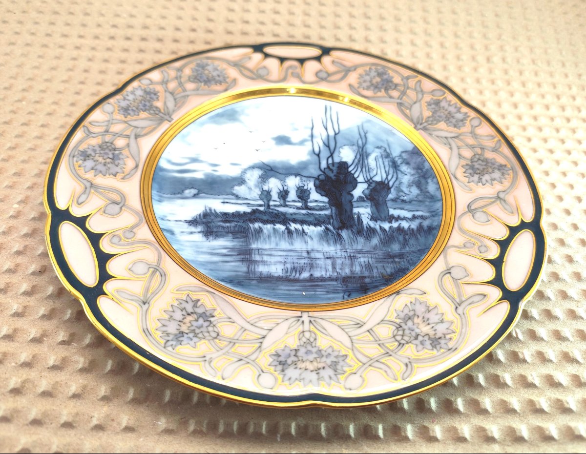 Art Nouveau Tchèque, Belle Assiette d’artiste, Fischer & Mieg, fin XIXe, RARE !-photo-2
