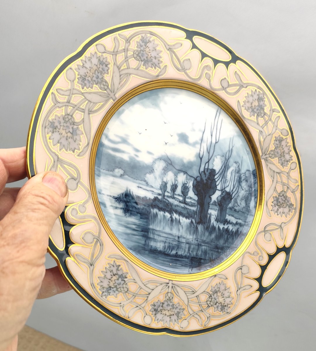 Art Nouveau Tchèque, Belle Assiette d’artiste, Fischer & Mieg, fin XIXe, RARE !-photo-4
