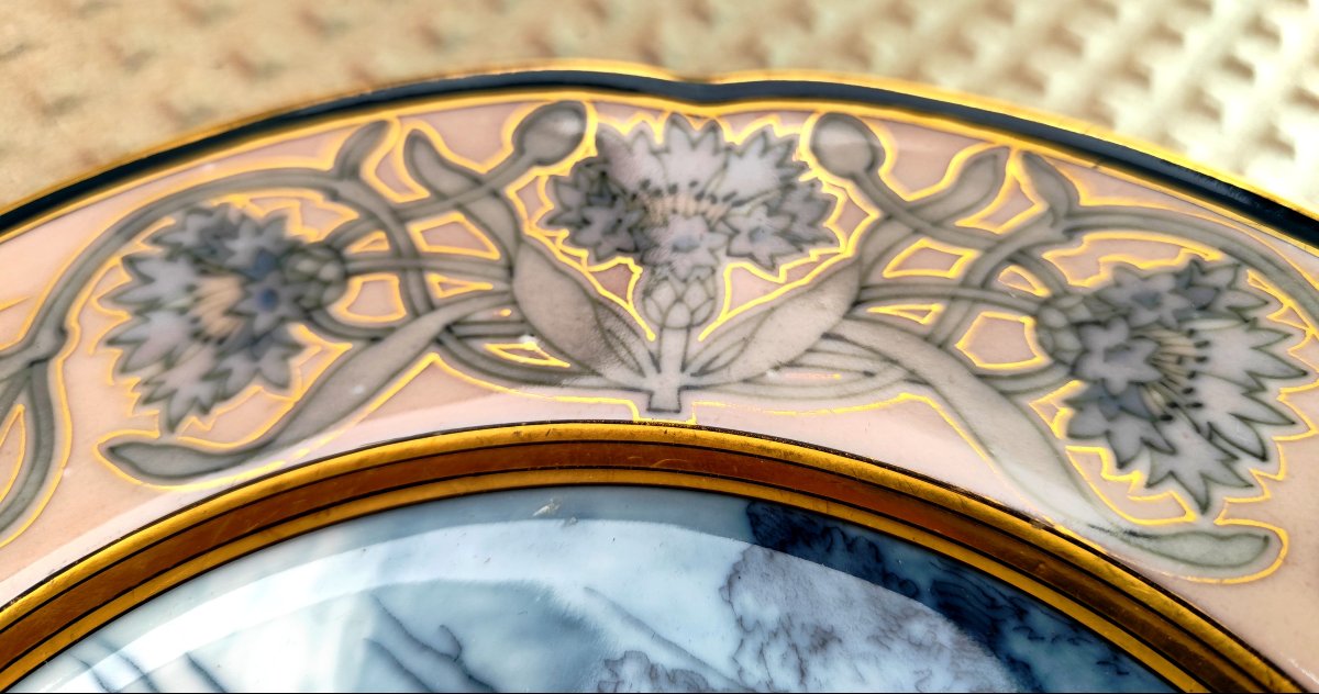 Art Nouveau Tchèque, Belle Assiette d’artiste, Fischer & Mieg, fin XIXe, RARE !-photo-1