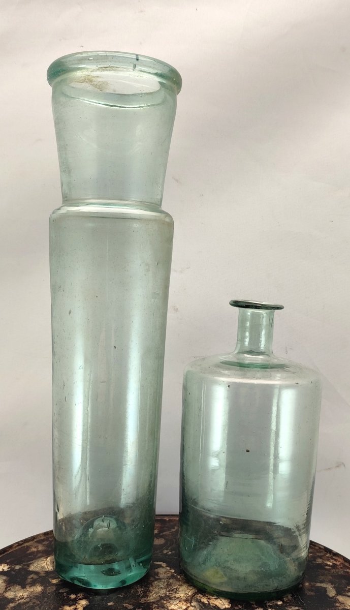  Verrerie d’Apothicaire, 18e siècle, verre forestier, bleuté, pot à câpres et flacon