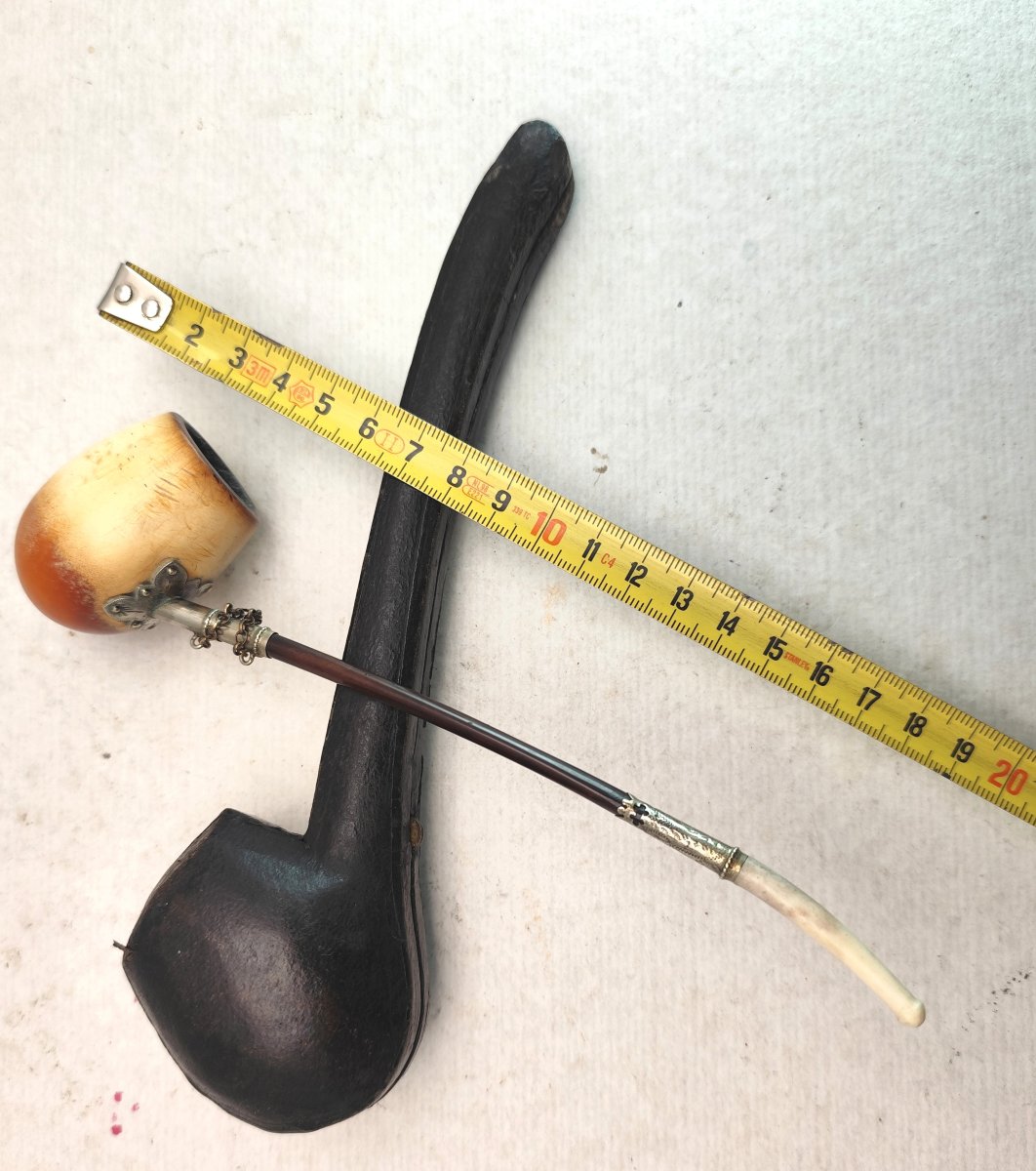 Rare pipe de collection, début XIXe siècle, écume, argent et tuyau  os d’albatros, en étui. -photo-2