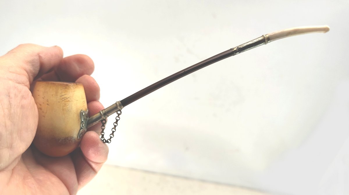 Rare pipe de collection, début XIXe siècle, écume, argent et tuyau  os d’albatros, en étui. -photo-3