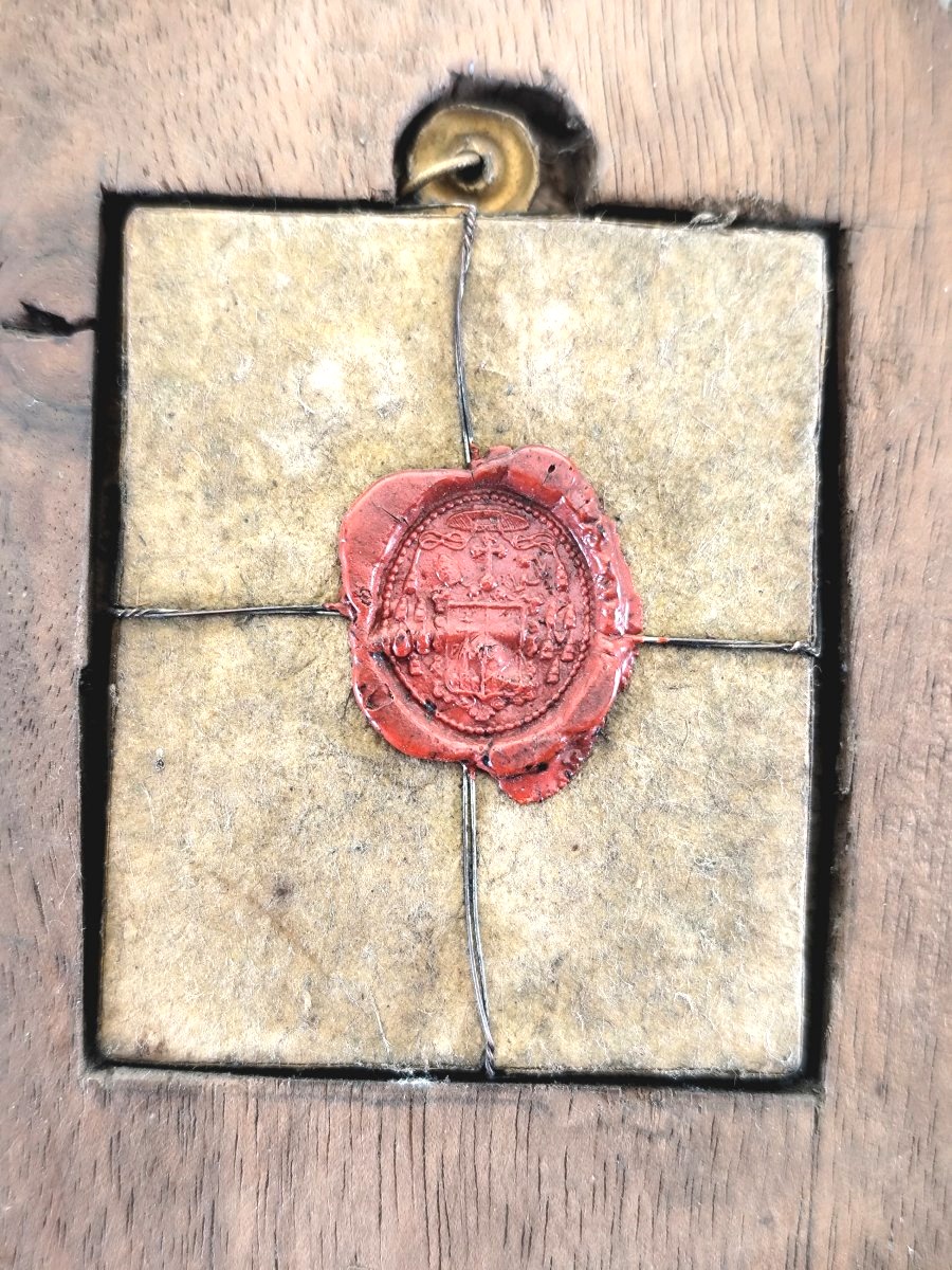 Precious Sealed Reliquary Of St. Bartholomew, With  Wooden Lace Frame, 19th Century