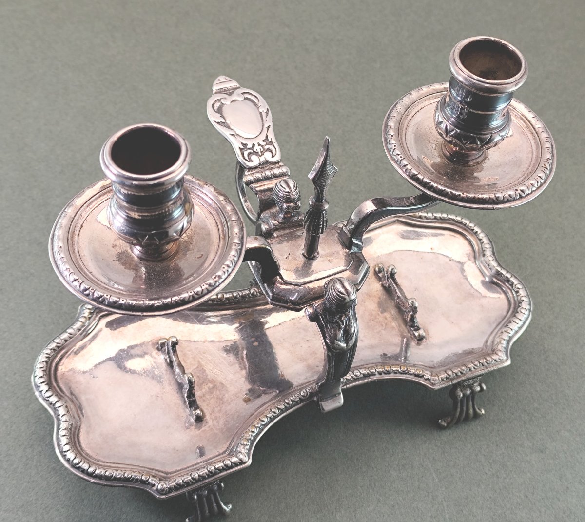 Elaborate French  Regence-era Two-candle Candlestick, Silver-plated-photo-2