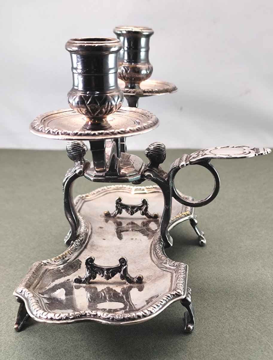 Elaborate French  Regence-era Two-candle Candlestick, Silver-plated-photo-3