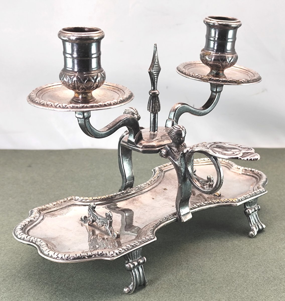 Elaborate French  Regence-era Two-candle Candlestick, Silver-plated