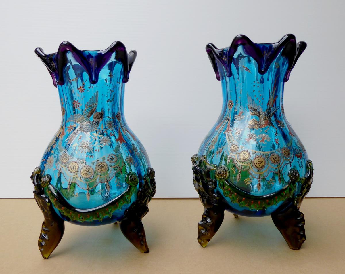 Auguste Jean, Pair Of Vases Etched And Enamelled Glass, Japonisme, 1880
