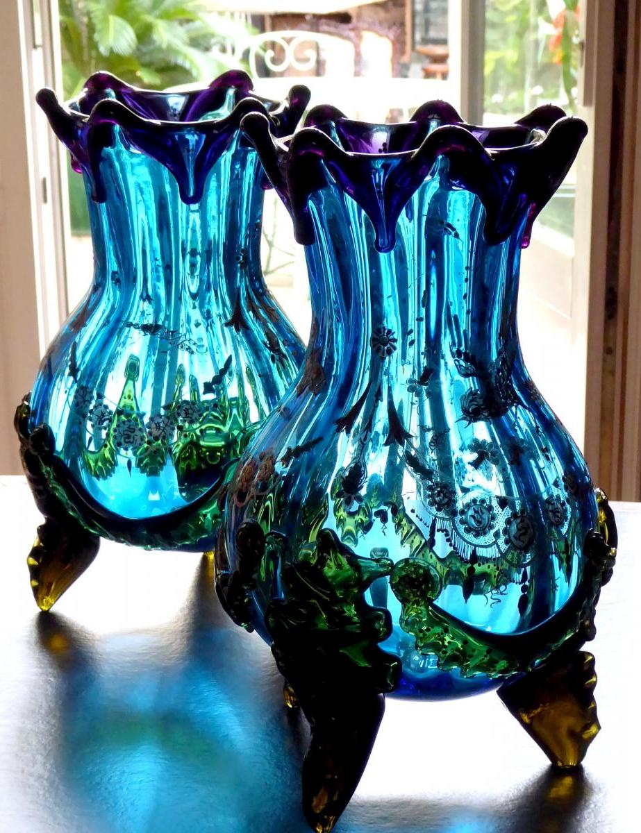 Auguste Jean, Pair Of Vases Etched And Enamelled Glass, Japonisme, 1880-photo-4