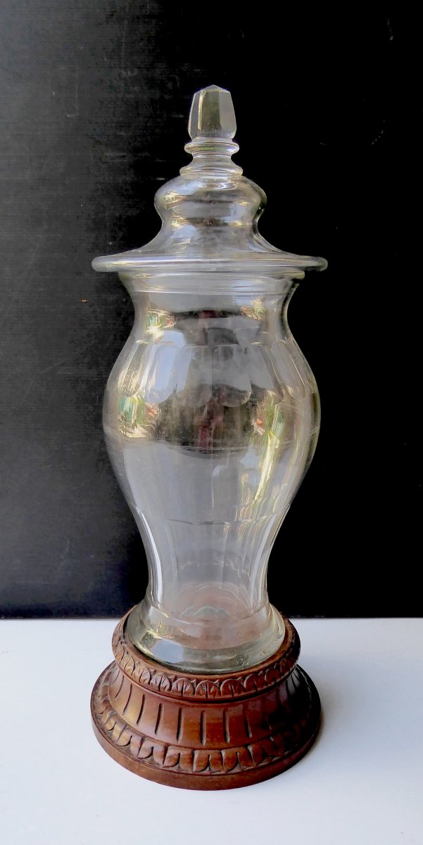 Haut Bocal d&#039;Herboriste Couvert, Verre &agrave; C&ocirc;tes Plates XIXe, Tdp
