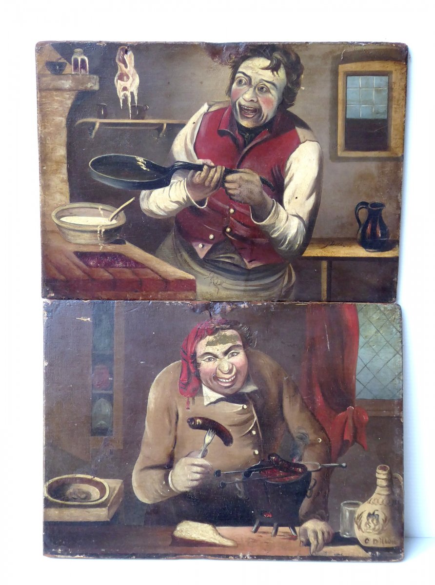 2 Gourmet And Popular Caricatures, 19th C, Oil S. Panel-photo-2