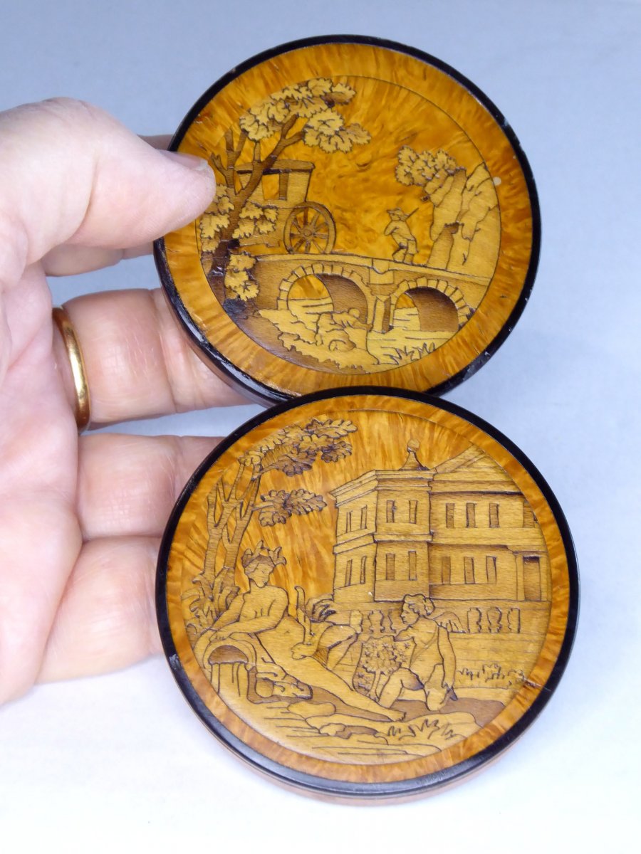 Micro-marquetry Lorraine, Round Snuff Bottle Two Faces, XVIIIth Century-photo-4