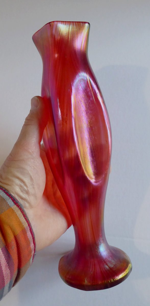 Red Iridescent Loetz   Art Nouveau Glass High Vase-photo-3