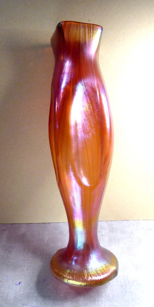 Red Iridescent Loetz   Art Nouveau Glass High Vase-photo-2