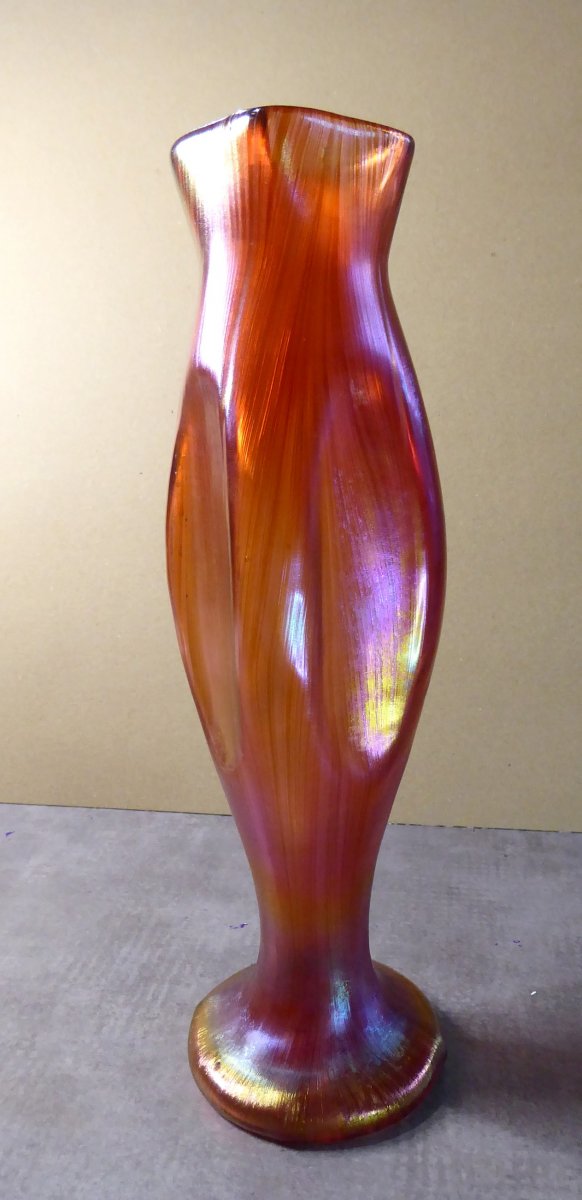 Red Iridescent Loetz   Art Nouveau Glass High Vase