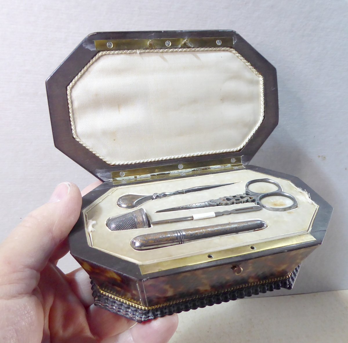 Inlaid Sewing Box, Engraved Steel, Circa 1860-photo-2