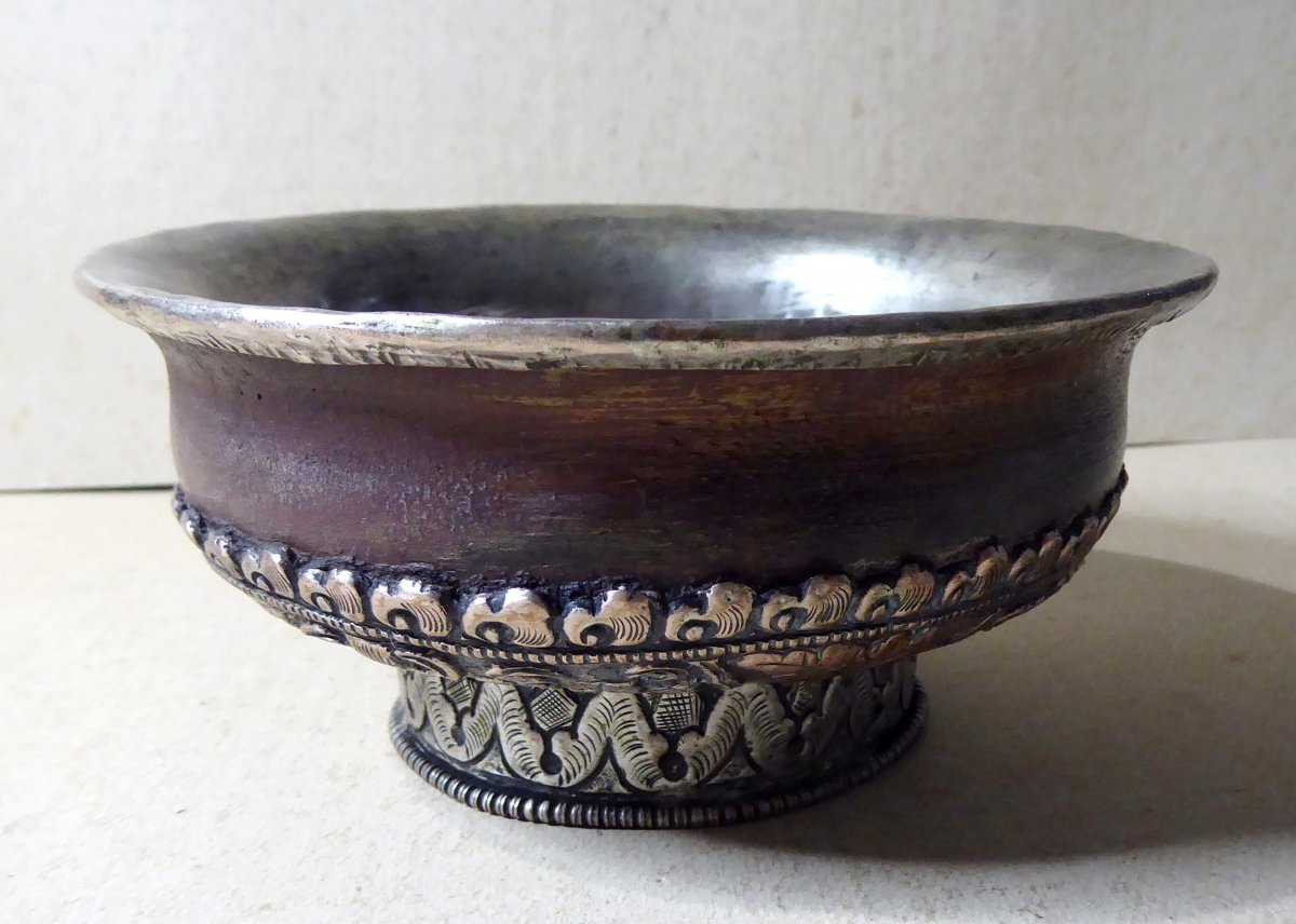 Tibet: Traditional Cup, Wood And Silvered Copper, 19th Century