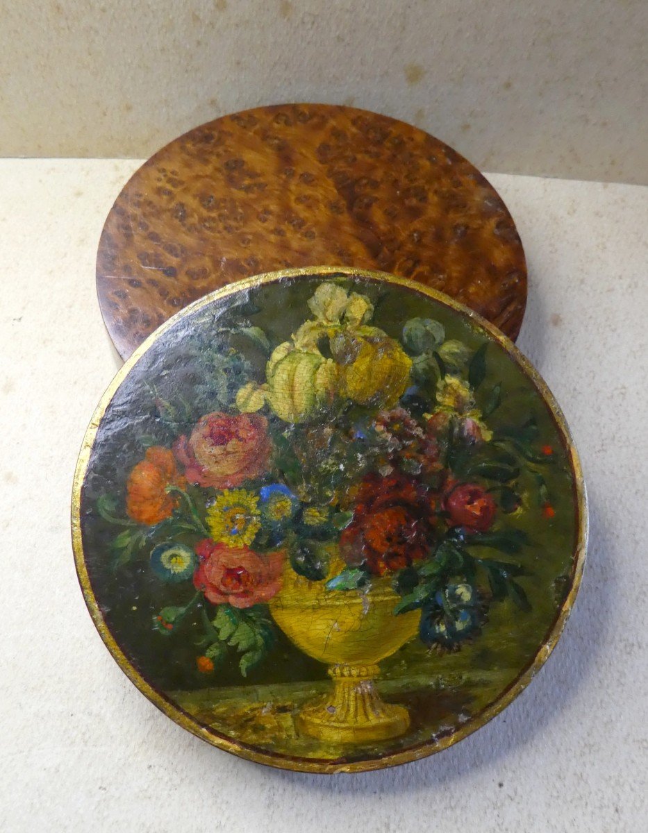 Turned Thuya Box, Circa 1900, Painted Of  Flowered Still Life-photo-2