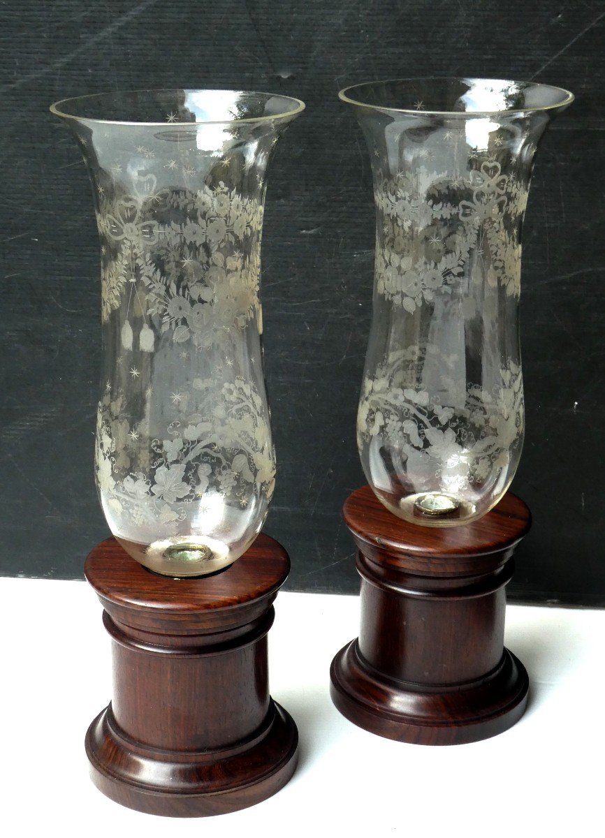 Pair Of Tall Tealight Candlesticks, Rosewood And Etched Glass